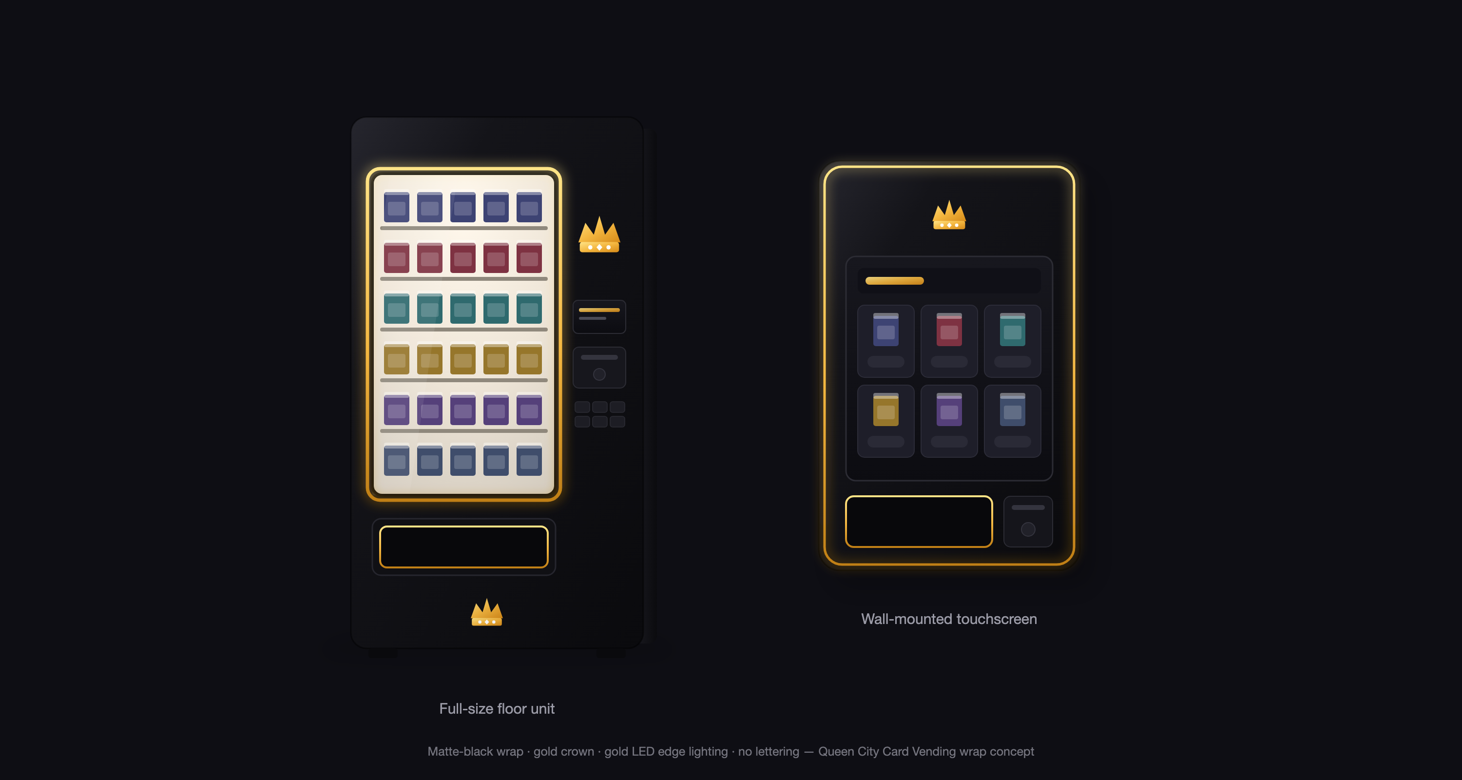 Queen City Card Vending machines — full-size floor unit and wall-mounted touchscreen in black and gold